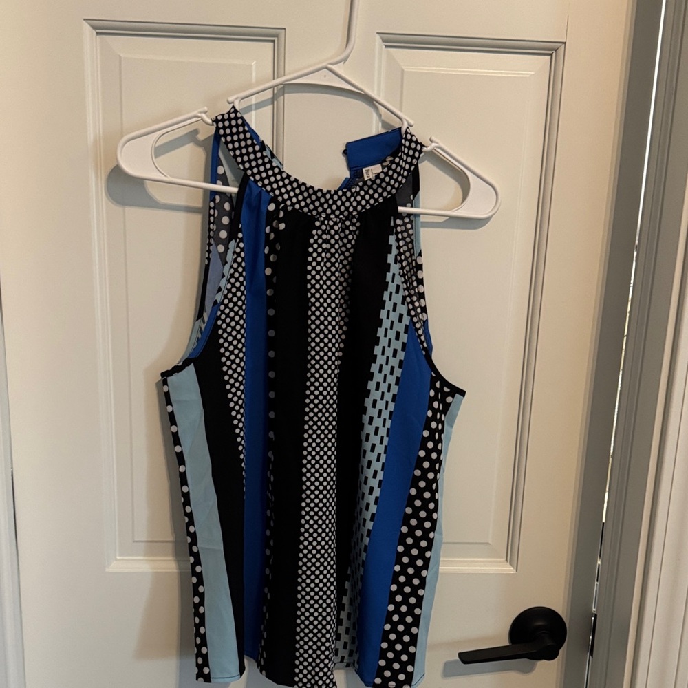 Elegant Women's Tank Top - Black and Blue Polka Dot Stripes